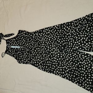 She + Sky jumper pant romper cropped black with cream print spaghetti straps